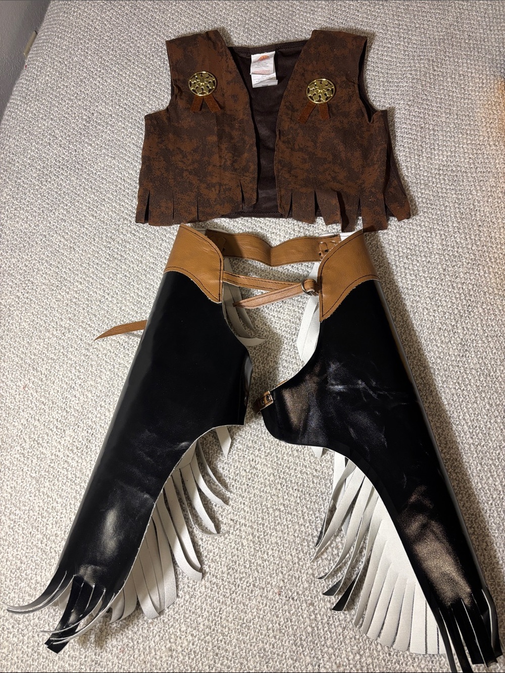 Kids Black & Tan Chaps and Brown Western Fringe Vest Costume Set